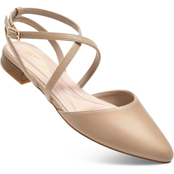 Women's Nude Pointed Toe With Adjustable Ankle Strap Dressy Slingback Flats - Picture 1 of 6
